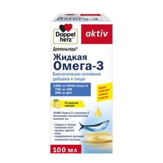 Illustration of the product packaging Doppelherz aktiv Жидкая Омега-3 front view
